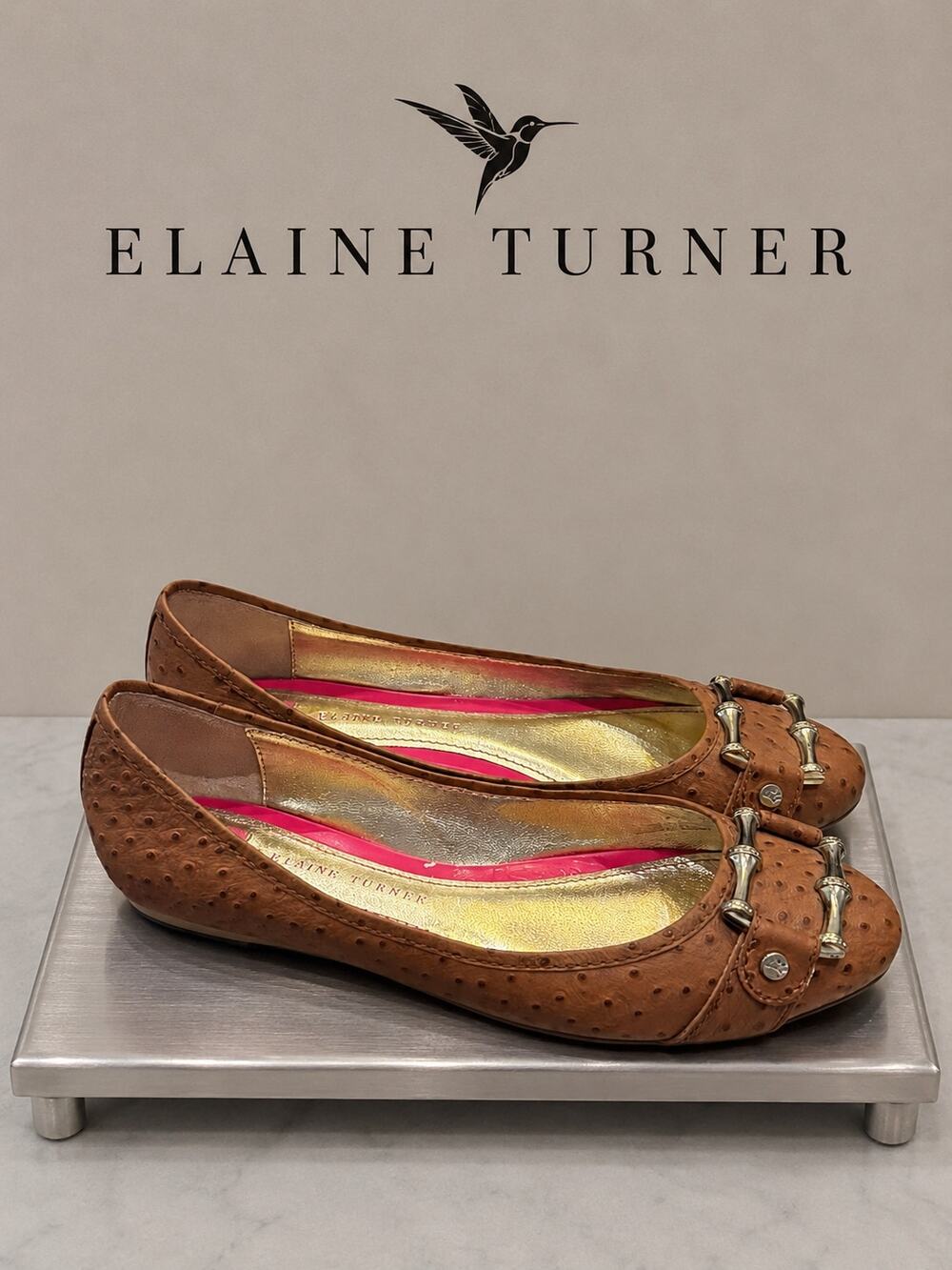 Elaine Turner Liz Ostrich Leather Bamboo Buckle Ballet Flats Brown Sz 7